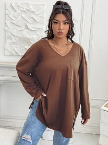 Flirla 大碼補丁貼口袋落肩袖下擺開叉T恤 - 鏽棕色 - 查看 5