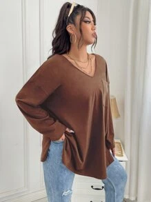 Flirla 大碼補丁貼口袋落肩袖下擺開叉T恤 - 鏽棕色 - 查看 6