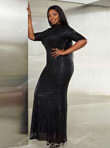 Plus Keyhole Back Sequin Prom Dress