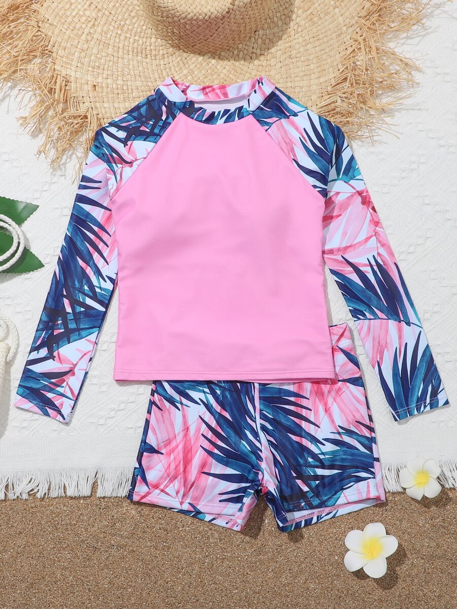Tween Girl Plant Print High Neck Shorts Rashguard Summer Beach - Multicolor - View 1