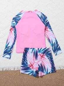 Tween Girl Plant Print High Neck Shorts Rashguard Summer Beach - Multicolor - View 2