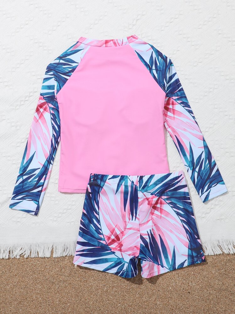 Tween Girl 植物印花高领短裤防晒衣夏季海滩 - 彩色 - 查看 2
