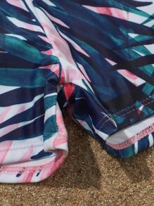 Tween Girl Plant Print High Neck Shorts Rashguard Summer Beach - Multicolor - View 3