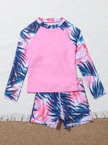 Tween Girl Plant Print High Neck Shorts Rashguard Summer Beach - Multicolor - View 5