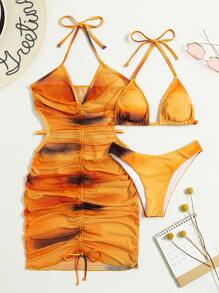 Ombre Bikini Set Halter Triangle Bra & Bikini Bottom & Drawstring Cover Up Dress 3 Piece Bathing Suit, For Summer Beach Vacation - Multicolor - View 7