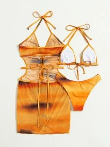 Ombre Bikini Set Halter Triangle Bra & Bikini Bottom & Drawstring Cover Up Dress 3 Piece Bathing Suit, For Summer Beach Vacation - Multicolor - View 6