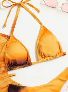 Ombre Bikini Set Halter Triangle Bra & Bikini Bottom & Drawstring Cover Up Dress 3 Piece Bathing Suit, For Summer Beach Vacation - Multicolor - View 3