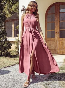 紋理質感褶邊圍裹下擺腰帶掛脖連衣裙 - 藕粉色 - 查看 1