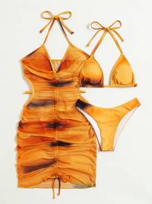 Ombre Bikini Set Halter Triangle Bra & Bikini Bottom & Drawstring Cover Up Dress 3 Piece Bathing Suit, For Summer Beach Vacation - Multicolor - View 5