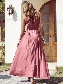 紋理質感褶邊圍裹下擺腰帶掛脖連衣裙 - 藕粉色 - 查看 2