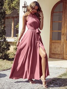 紋理質感褶邊圍裹下擺腰帶掛脖連衣裙 - 藕粉色 - 查看 3