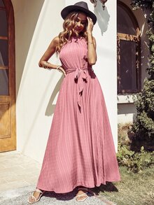 紋理質感褶邊圍裹下擺腰帶掛脖連衣裙 - 藕粉色 - 查看 5