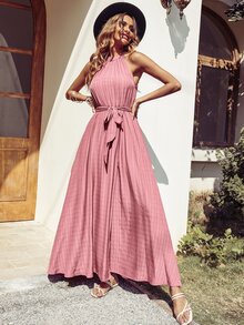 紋理質感褶邊圍裹下擺腰帶掛脖連衣裙 - 藕粉色 - 查看 6