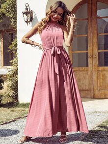 紋理質感褶邊圍裹下擺腰帶掛脖連衣裙 - 藕粉色 - 查看 7