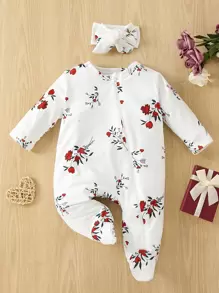 嬰兒女童舒適花卉印花連身衣和髮箍居家服套裝 - 白色 - 查看 1