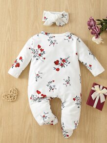 嬰兒女童舒適花卉印花連身衣和髮箍居家服套裝 - 白色 - 查看 2
