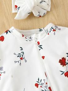 嬰兒女童舒適花卉印花連身衣和髮箍居家服套裝 - 白色 - 查看 3