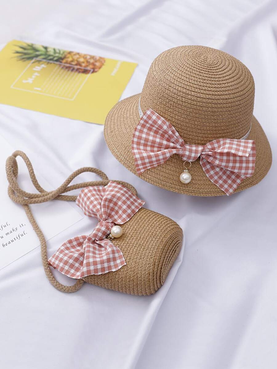 Girls Bow Decor Straw Bucket Bag & Hat - Camel - View 1