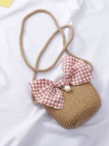 Girls Bow Decor Straw Bucket Bag & Hat - Camel - View 2