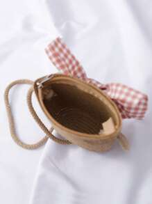Girls Bow Decor Straw Bucket Bag & Hat - Camel - View 3