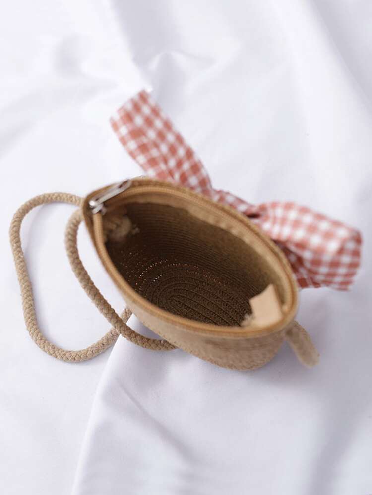 女孩蝴蝶結裝飾編織水桶包和帽子 - 駝色 - 查看 3