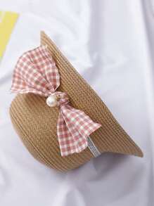 Girls Bow Decor Straw Bucket Bag & Hat - Camel - View 4