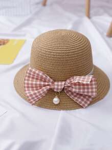 Girls Bow Decor Straw Bucket Bag & Hat - Camel - View 5
