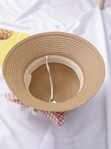 Girls Bow Decor Straw Bucket Bag & Hat - Camel - View 6