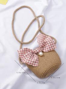 Girls Bow Decor Straw Bucket Bag & Hat - Camel - View 7