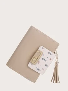 Tassel Decor Leaf Graphic Purse - Khaki - View 1