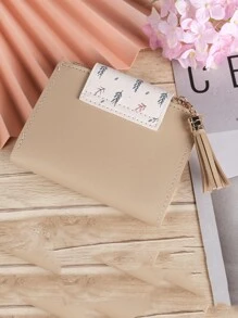 Tassel Decor Leaf Graphic Purse - Khaki - View 4