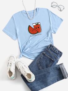 Áo thun nữ Lá thư Rau quả Giải trí - Màu xanh nhạt - Xem 1