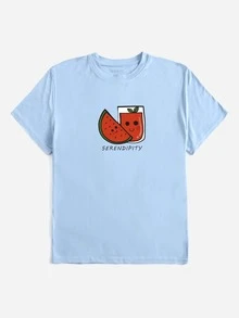 Áo thun nữ Lá thư Rau quả Giải trí - Màu xanh nhạt - Xem 3