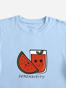 Áo thun nữ Lá thư Rau quả Giải trí - Màu xanh nhạt - Xem 5