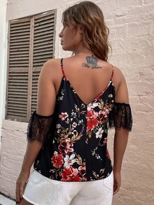 大碼印花拼接睫毛蕾絲挖肩襯衫 - 黑色 - 查看 2