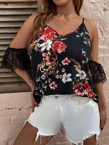 大碼印花拼接睫毛蕾絲挖肩襯衫 - 黑色 - 查看 4