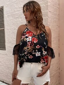 大碼印花拼接睫毛蕾絲挖肩襯衫 - 黑色 - 查看 5