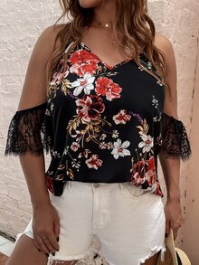 大碼印花拼接睫毛蕾絲挖肩襯衫 - 黑色 - 查看 6