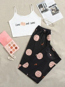 字母和曲奇圖案睡衣套裝 - 黑與白 - 查看 1