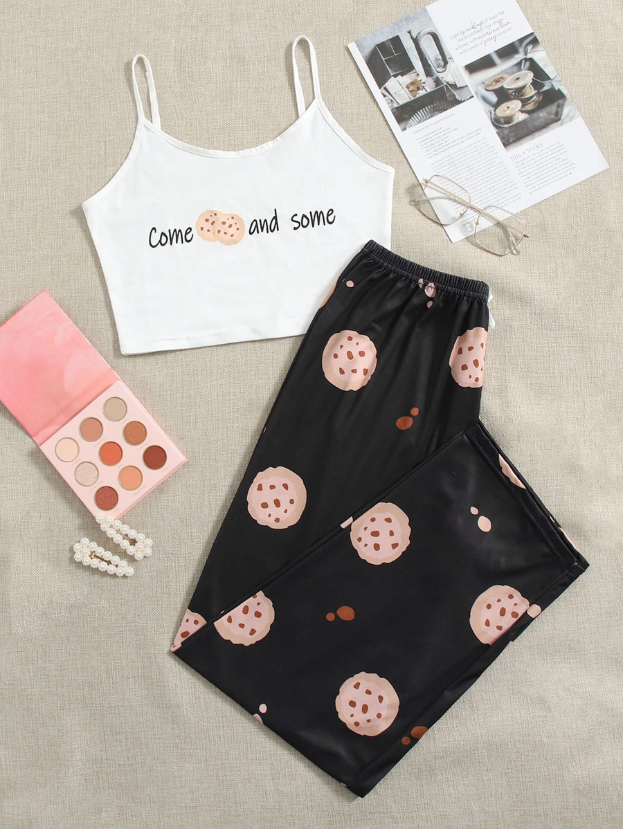 字母和曲奇圖案睡衣套裝 - 黑與白 - 查看 1