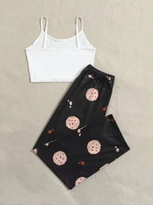 字母和曲奇圖案睡衣套裝 - 黑與白 - 查看 2