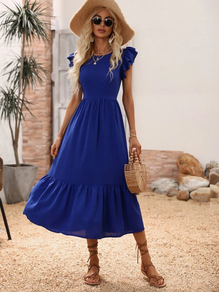 SHEIN Unity Butterfly Sleeve Ruffle Hem Dress - Royal Blue - View 7