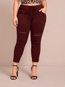 Quần Plus Size Dây kéo Bị tách màu trơn Giải trí - Màu Đỏ Sâu - Xem 1