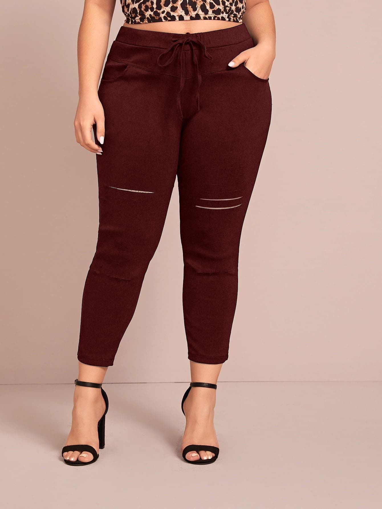 Quần Plus Size Dây kéo Bị tách màu trơn Giải trí - Màu Đỏ Sâu - Xem 1