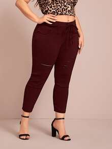 Quần Plus Size Dây kéo Bị tách màu trơn Giải trí - Màu Đỏ Sâu - Xem 3