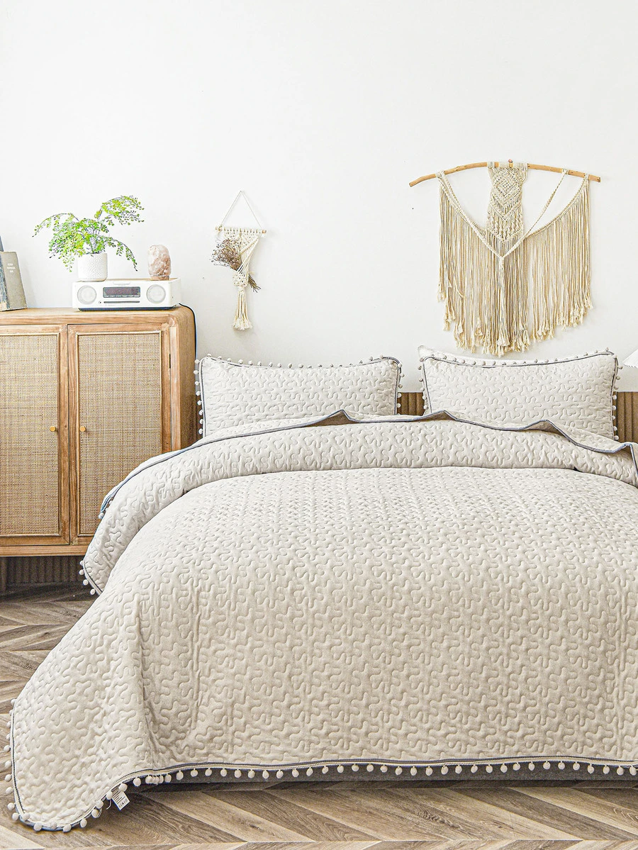 Pom Pom Decor Quilted Bedspread Set - Beige - View 1