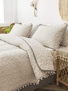 Pom Pom Decor Quilted Bedspread Set - Beige - View 6