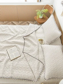 Pom Pom Decor Quilted Bedspread Set - Beige - View 7