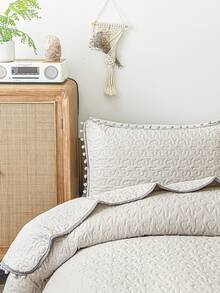 Pom Pom Decor Quilted Bedspread Set - Beige - View 8