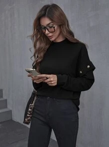 素色落肩T恤 - 黑色 - 查看 1